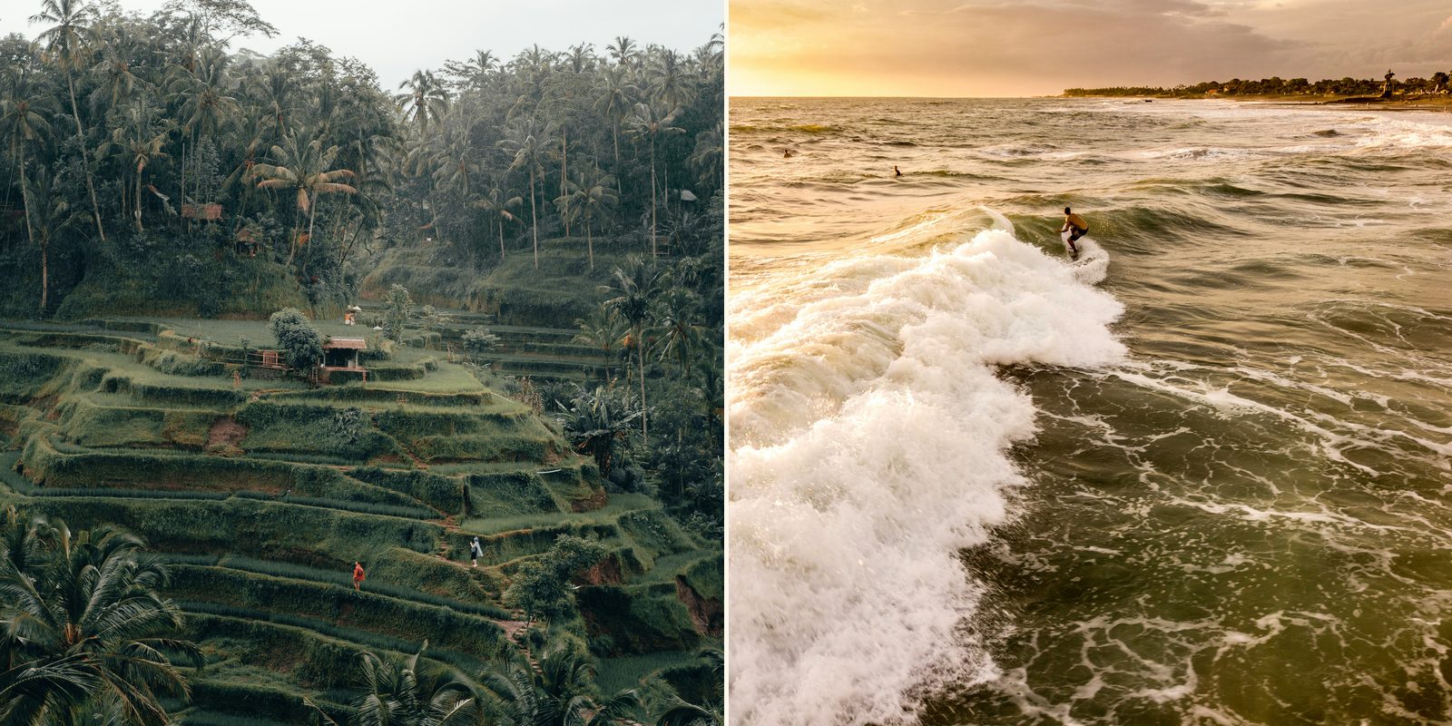 Links: Reisterrassen bei Ubud, rechts: Surfer bei Canggu